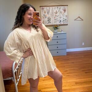 NWT Anaak Pink Cream Thick Gauze V Neck Long Sleeve Mini Dress 0 Small